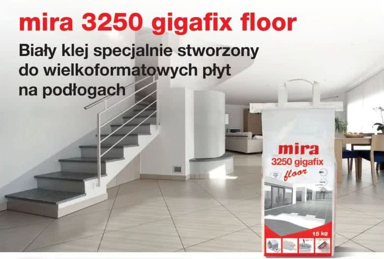 Klej 3250 gigafix floor do układania płytek wielkoformatowych na podłogach. fot. mira Klej 3250 gigafix floor do układania płytek wielkoformatowych na podłogach. fot. mira