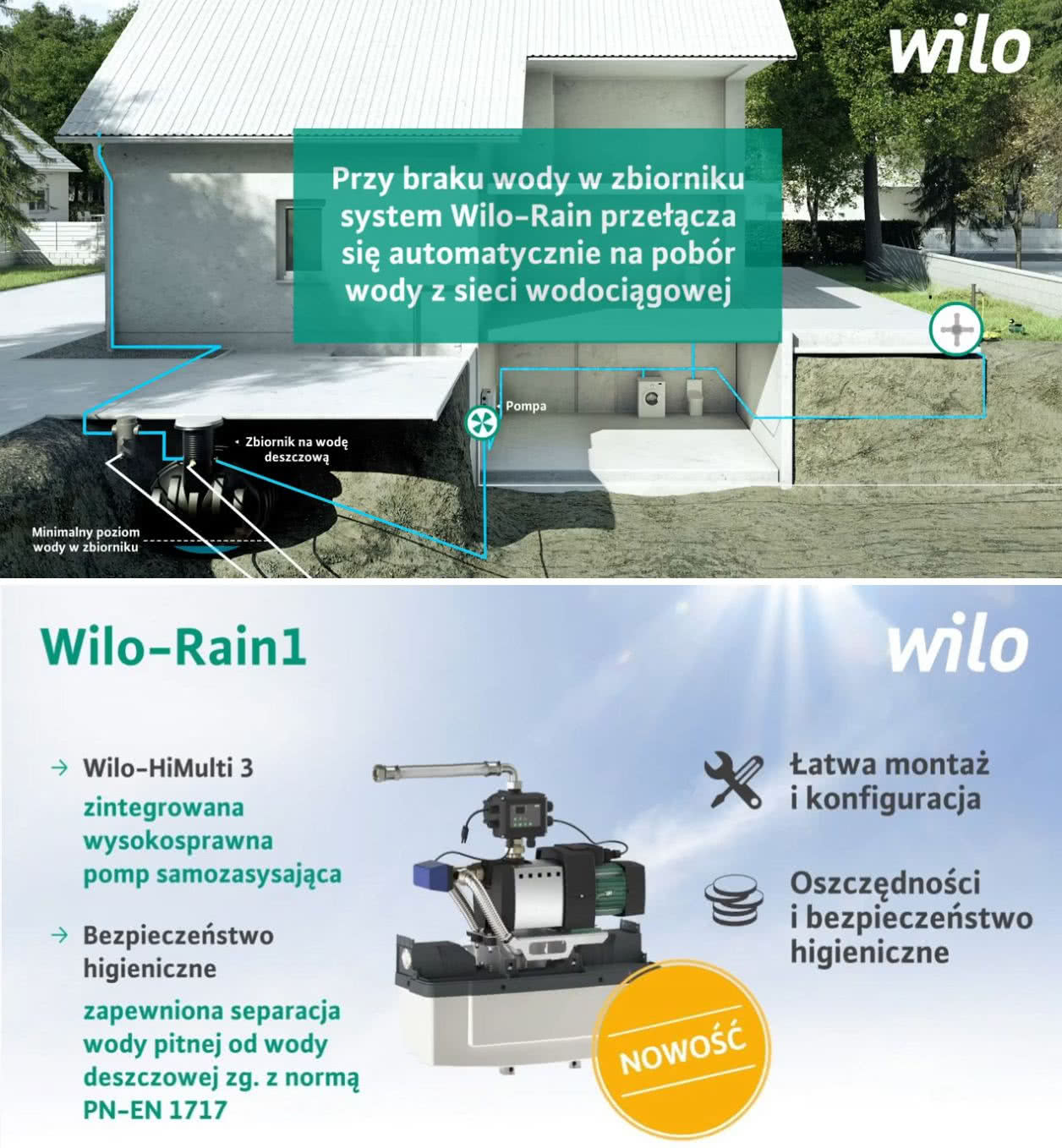 Kompaktowy system wykorzystania wody deszczowej Wilo Rain 1 - z magazynowaniem wody w zbiorniku podziemnym. Kompaktowy system wykorzystania wody deszczowej Wilo Rain 1 - z magazynowaniem wody w zbiorniku podziemnym.